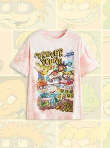Nick 90's X ROMWE T-shirt ampia da donna con collo a giro, in stile tie-dye, con divertente motivo a cartoni animati