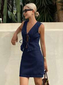 Livesso Set de 2 piezas de mujer para vacaciones en la playa: Cárdigan de mezclilla con cordón y estampado de leopardo, y conjunto de traje - Azul - Ver 3