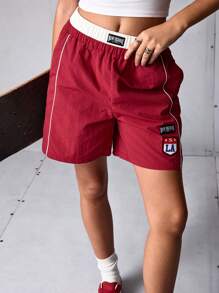 SHEIN Sports Pantaloni scurți sport casual cu autocolante simple pentru femei, pentru antrenament atletic - roșu - Vizualizare 4