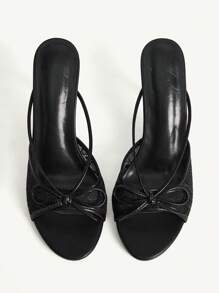 CUCCOO CHICEST 女士黑色 PU 网眼拼接凉鞋，蝴蝶结系带圆头细高跟鞋，优雅浪漫，适合下午茶、约会、正式礼服和假日