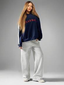 Missguided x Playboy Wide Leg Sweatpants Retro Style Lounge Pants Varsity Cozy Streetwear Joggers Fall Winter Casual Wear - Light Grey - View 3