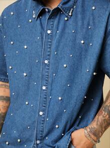 EASEVO Plus Size Men Casual Denim Shirt With Pearl Decor, Suitable For Summer