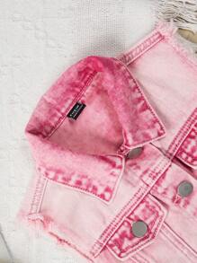 Conjunto de chaqueta vaquera y chaleco para niñas (talla pequeña), chaqueta vaquera rosa corta y estilosa estilo desgastado y deshilachado, chaleco sin mangas con look casual y chic para vacaciones