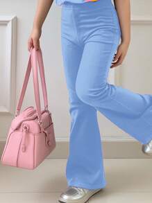 SHEIN 年轻女孩休闲简约卡通图案圆领短袖上衣和喇叭裤两件套，适合夏季