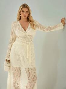 Auralis Plusize Women's See-Through Lace Top, Summer Sexy And Elegant Women's Clothing, High-Elastic Lace, Comfortable Outerwear, Ins Hot Girl Women's Clothing,Beach Cover Up Cute Summer Top Summer Tops For Women Going Out Tops Women - Beige - View 3