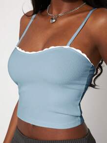 NYA SZN 春季蕾丝边罗纹吊带背心节日夏季上衣度假办公室 Siren 学院风休闲装女士 - 藍色 - 查看 3