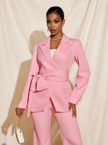EBIB 优雅淡粉色腰带垫肩西装外套女式休闲办公套装