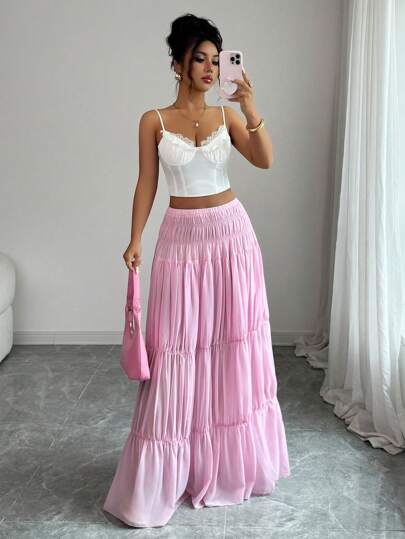 Elenzga Women's Solid Color Pleated A-Line Skirt, Casual Everyday Wear, Back To School Season