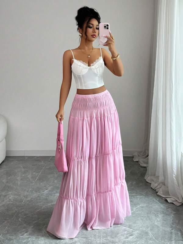 Elenzga Women's Vacation Solid Color Ruffle Hem Maxi Skirt, Casual