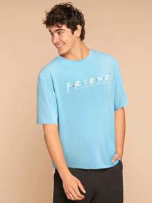 Mystic heart FRIENDS X SHEIN Men's Summer Casual Letter Printed Short Sleeve T-Shirt - Blue - View 5