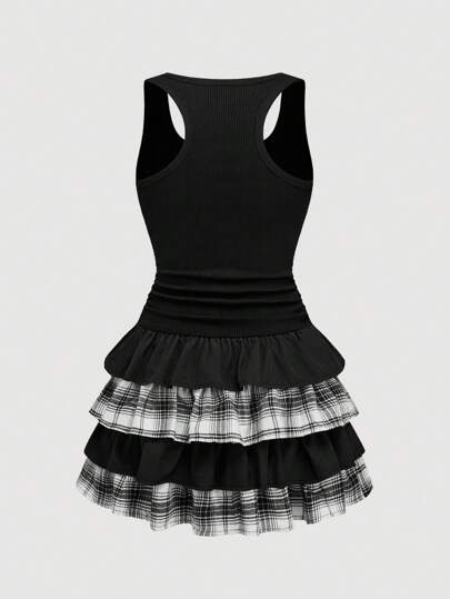 Grunge Punk Women's Summer Fashion Plaid Patchwork Ruffle Hem Short Casual Dress