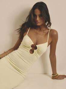 Aralina 女士优雅纯色修身细肩带连衣裙，夏季