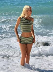 Sweetina 女士复古绿条纹露肩短袖上衣和超短裤两件套 - 彩色 - 查看 5