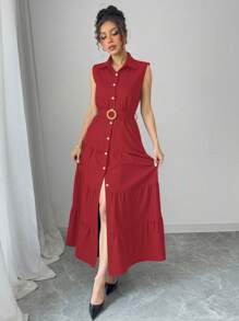 Women's Single-Breasted Sleeveless Shirt Dress With Ruffled Hem In Solid Color - Red - View 3