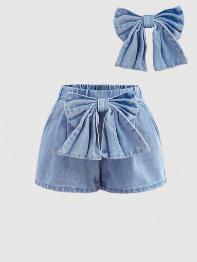 SHEIN Young Girl' Cute 3D Bow Decorated Loose Denim Shorts