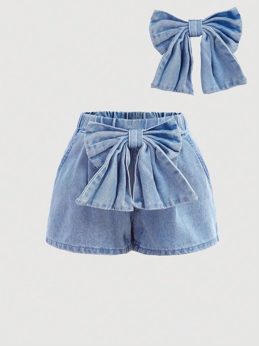 SHEIN Young Girl' Cute 3D Bow Decorated Loose Denim Shorts
