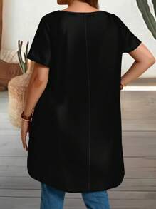 SHEIN CURVE+ 大码女式休闲宽松短袖圆领T恤，适合夏季/大码T恤夏季/乡村/海滩度假/沙滩装外出穿着 - 黑色 - 查看 2