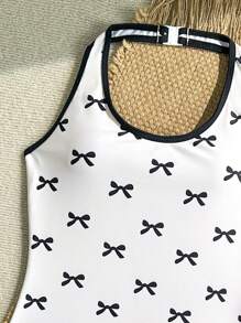 SHEIN 2 件套青少年女孩蝴蝶结印花吊带泳衣，含短裤和上衣，沙滩装，夏季 - 彩色 - 查看 5