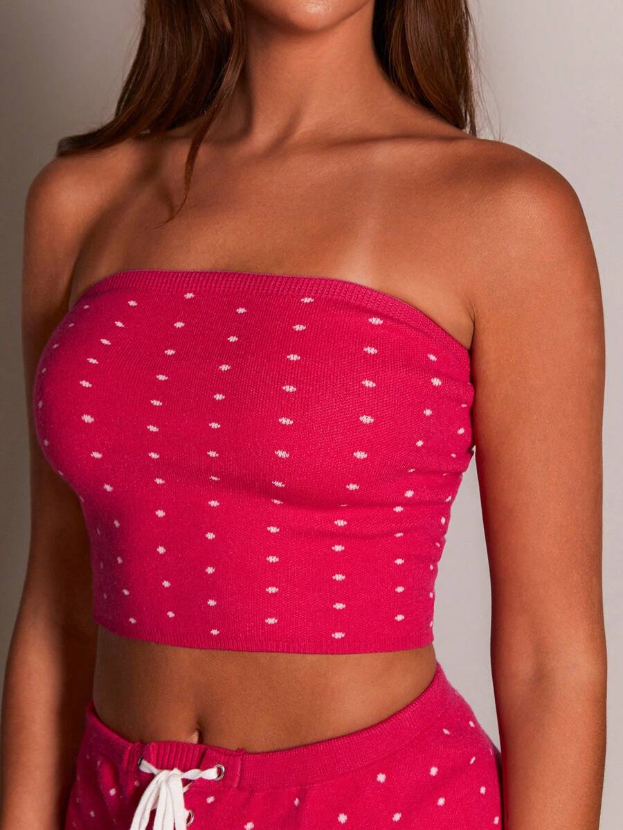 Athîral Women's Bandeau Knit Polka Dot Crop Top, Spring Summer - Hot Pink - View 1
