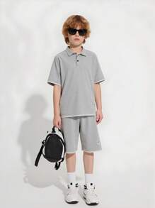 2pcs/Set Young Boys Teen Outfit,Light Grey Polo Shirt With Contrasting Elements&Shorts,Summer Casual Vacation Suit,Premium Knit Breathable Boy Clothes - Grey - View 3