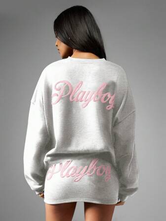 Missguided x Playboy MISSGUIDED Oversized Sweatshirt Long Sleeve Pullover With Embroidered Bunny Logo Fall Winter Streetwear Casual Loungewear