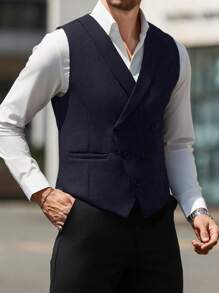 Manfinity Mode 男士双排扣马甲（不含衬衫） - 藏蓝色 - 查看 6