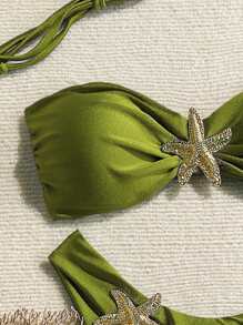 Swim Chiccia Springbreak Solid Color Shiny Material Bandeau Top With Metal Starfish Decor And V-Shape Bottoms 2 Pieces Green Bikini Set For Summer Beach Vacation - Green - View 4