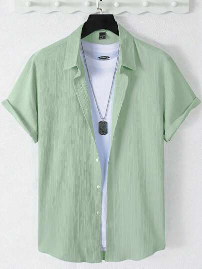 Manfinity Homme 男士休闲日常商务简约纯色短袖衬衫男夏季衬衫男士衬衫夏季男士夏季衬衫涤纶衬衫夏季衬衫，老钱风格