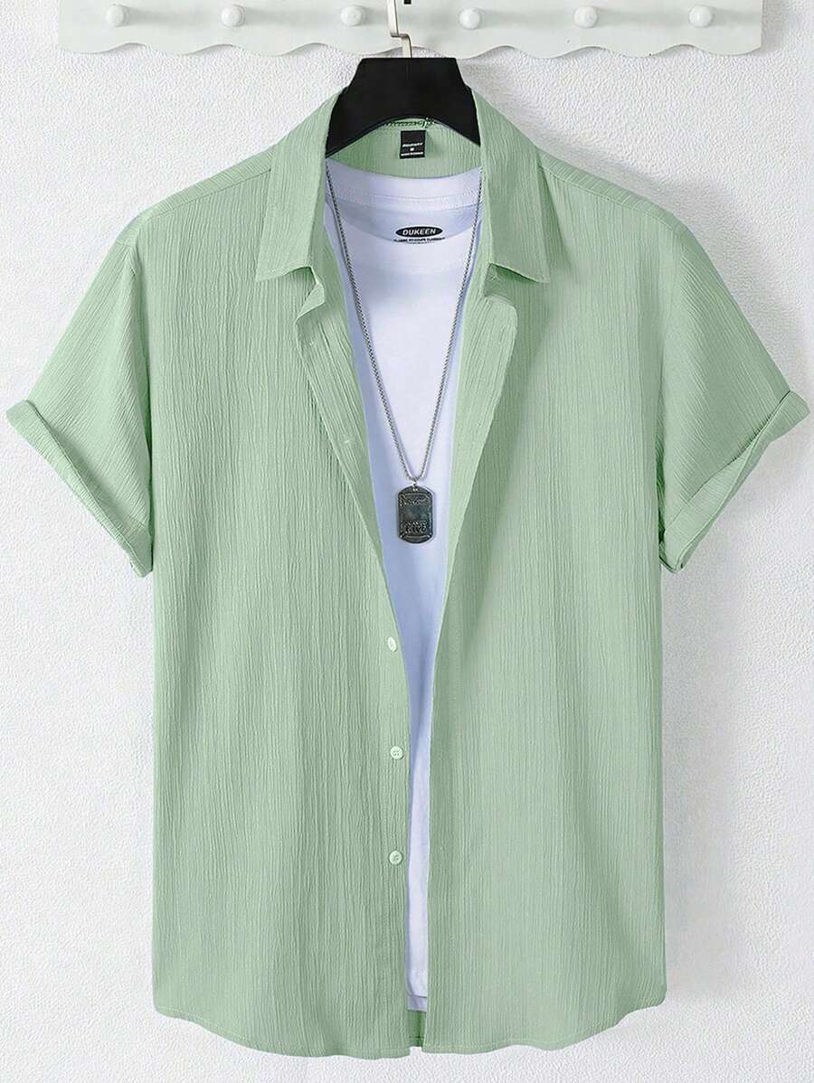 Manfinity Homme 男士休闲日常商务简约纯色短袖衬衫男夏季衬衫男士衬衫夏季男士夏季衬衫涤纶衬衫夏季衬衫，老钱风格 - 綠色 - 查看 1