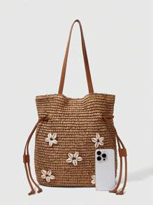 ROMWE Fairycore 1pc Khaki Woven Raffia Tote Bag And Accessories, Fashionable Personalized Beach Resort Style Ladies Handbag