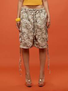 SUMWON WOMEN Pantalones cortos de carga de cintura alta de gran longitud con cordón, para verano, festivales, aventura al aire libre y uso casual, con múltiples bolsillos - Gris - Ver 6