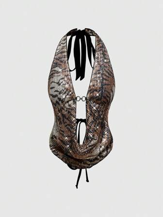 Fairycore Top con paillettes a stampa leopardata, stile sexy Y2K per festival musicali