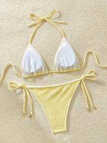 Swim Mod Swim Vcay 2pcs Women Sexy Lace Trim Jacquard Triangle Bikini Set, Simple Strap Tie Up Halter Yellow Bikini Set With Gold Shell Decor For Summer Beach Vacation - Yellow - View 2
