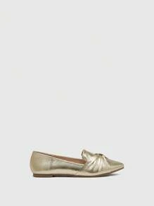 CUCCOO CHICEST Women Shoes Glamorous Gold Comfortable Flat Loafers Knot Decor Point Toe Flat Loafers For Summer Vacation Shoes Summer Back To School Shoes College Student Shoes Spring Shoes Spring Break Easter