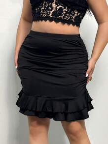 SHEIN Privé 大碼褶邊荷葉邊包臀半身裙