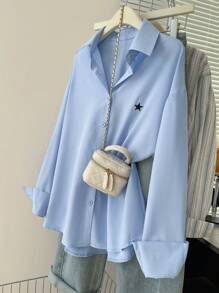 INAWLY 女士星星印花纽扣长袖休闲衬衫 - 淺藍色 - 查看 3