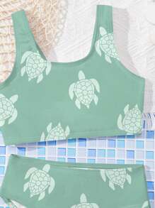 Set di bikini da ragazza con stampa tartaruga, con spalline sottili, semplice e carino, adatto per nuotare d'estate, vacanze al mare