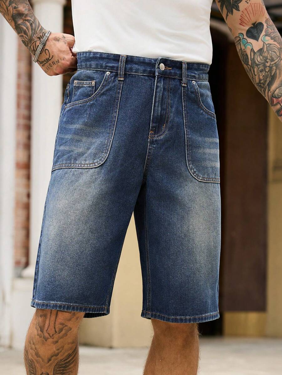 Manfinity Homme 男士休闲百搭口袋宽松半宽腿牛仔短裤 - 中等水洗藍 - 查看 1
