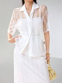 Modelyn 2pcs Casual Vacation Lace Blouse And Mini Skirt Set For Women - White - View 2