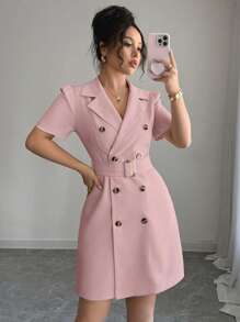 Selianne Blazer Collar Laced Waistline Double-Breasted Puff Sleeve Dress - Pink - View 3