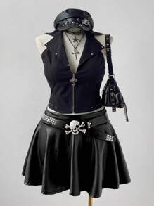 Sweetra Women's Plus Size High Waisted Pu Leather Pleated Knee-length Skirt - Black - View 3