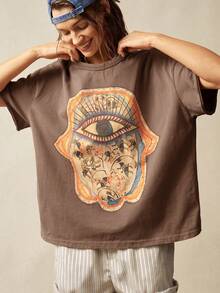 Bohemela 纯色针织圆领短袖宽松水洗女式T恤 - 棕色 - 查看 7