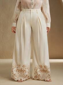 Anewsta Plus Size Women Hollowed-Out Embroidered Floral Embroidery Long Pants, Spring/Summer Graduation,Back To School,Teacher - Apricot - View 6