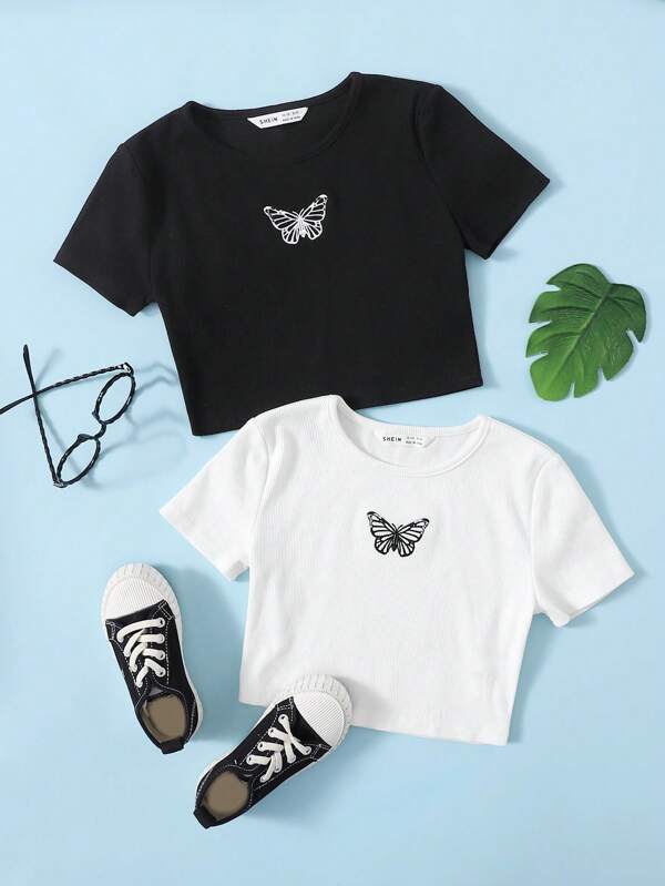 SHEIN Tricou versatil esențial cu broderie fluturi pentru fete preadolescente, 2 buc.