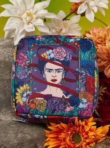 Frida Kahlo X SHEIN 1 pieza Bolsa de almacenamiento con diseño gráfico floral y de figura de artista, que se puede usar como bolsa de almacenamiento de higiene femenina, bolsa de almacenamiento digital, bolsa de almacenamiento de artículos pequeños, artística y elegante