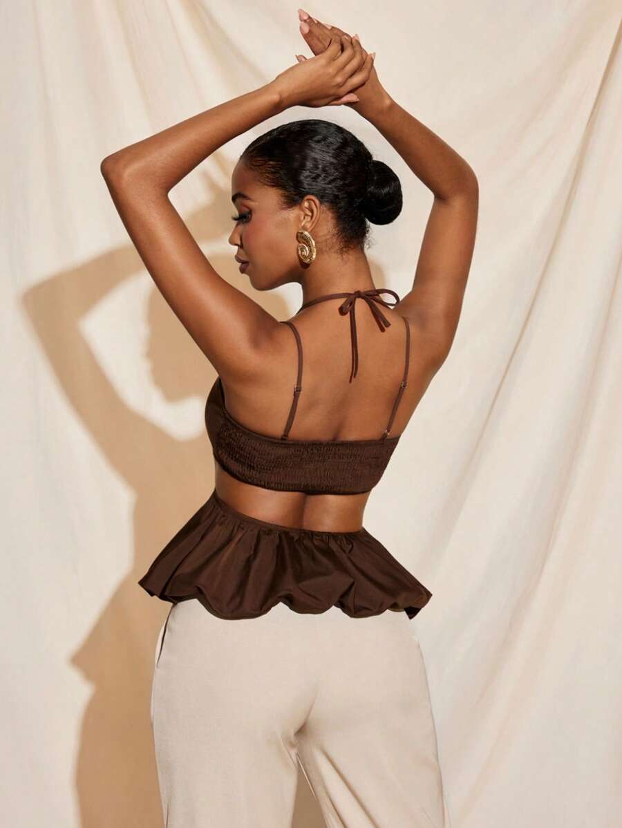 JUPITER Spaghetti Straps Neck Tie Cutouts Ruched Bustier Balloon Top Women Summer Vacation Casual Top