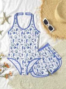 Conjunto de 2 piezas de traje de baño para niña preadolescente con estampado de conchas y caballitos de mar, incluye top halter y pantalón corto de cubrir, para el verano