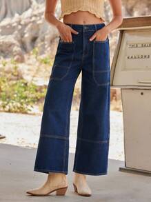 WESTFADE Pantalones vaqueros de tiro alto con costuras occidentales, pernera ancha, 91% algodón, pantalones de servicio de estilo veraniego western, cowgirl de Nashville, rodeo - Azul lavado oscuro - Ver 3