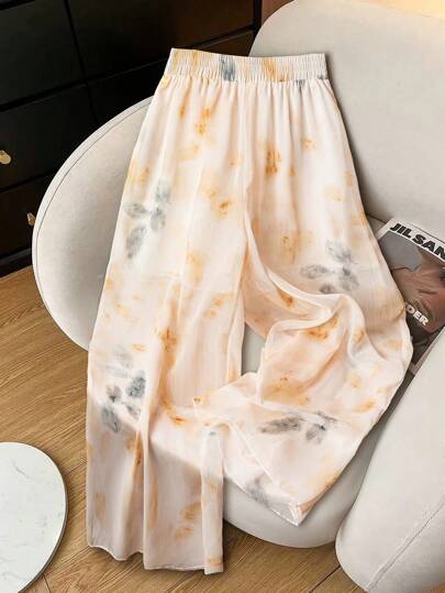 SHEIN Clasi Women's Elegant Floral Print & Line Texture Semi-Sheer Loose Palazzo Pants, Suitable For Casual Everyday, Travel, Beach, Music Festival, Commute, Spring/Summer Fall Cloth For Women