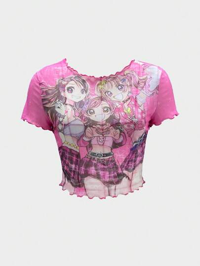 Kawaii Camiseta transparente de ajuste ceñido con estampado de personajes de dibujos animados para mujer, estilo Y2K